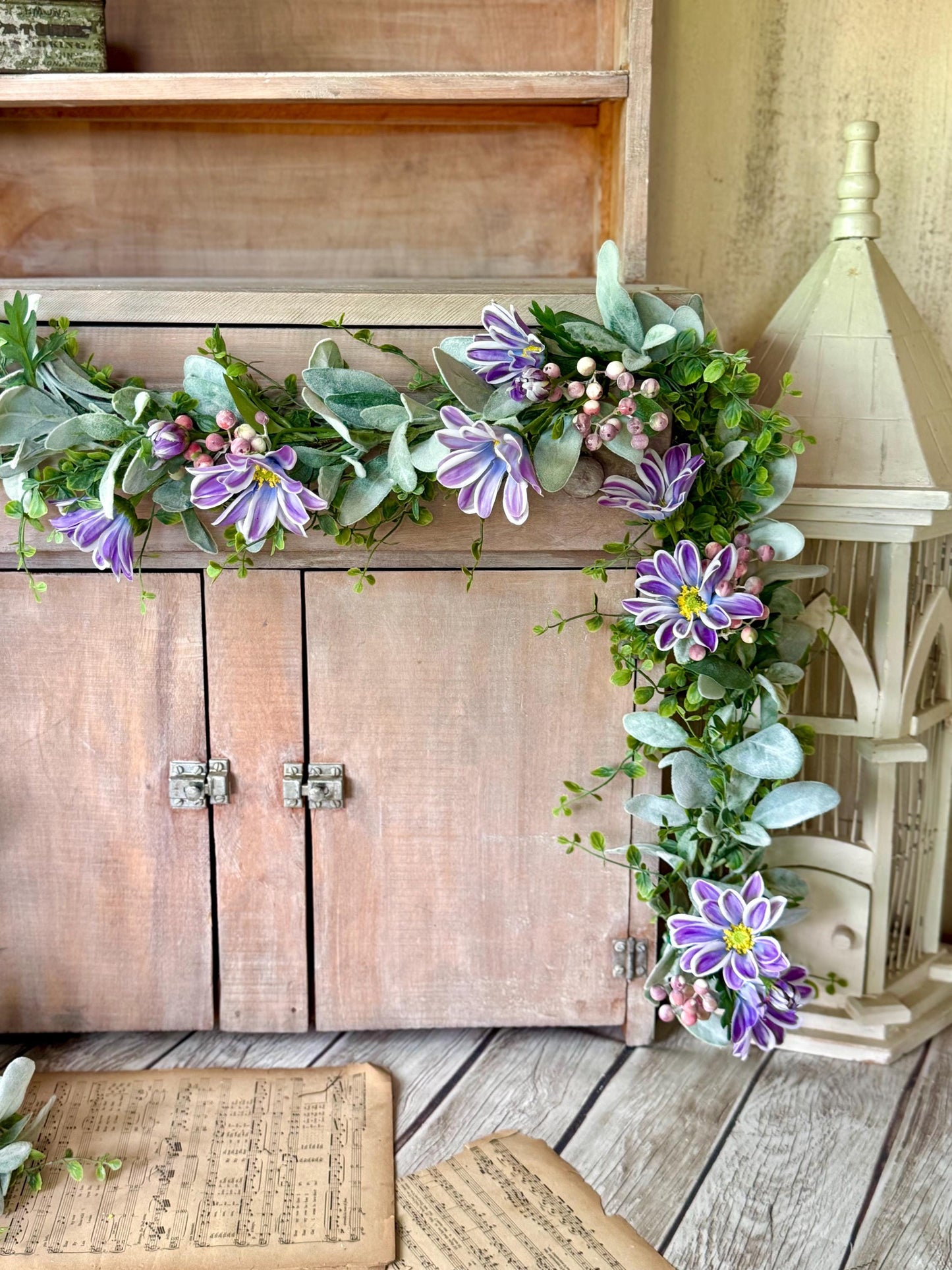 Spring Floral Garland, Purple Garland, Summer Garland for Fireplace, Mantle Garland Decor, Valentines Day Decorations, Mothers Day