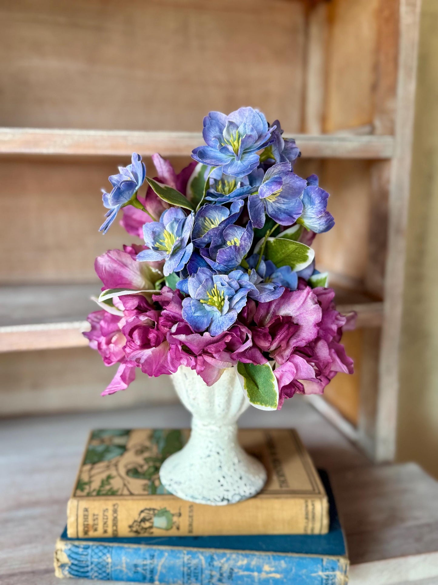 Purple Blue Arrangement, French Country Decor, Summer Arrangement, Nursing Home Decor, Summer Blue Decor, Garden Party Table, SweetPea