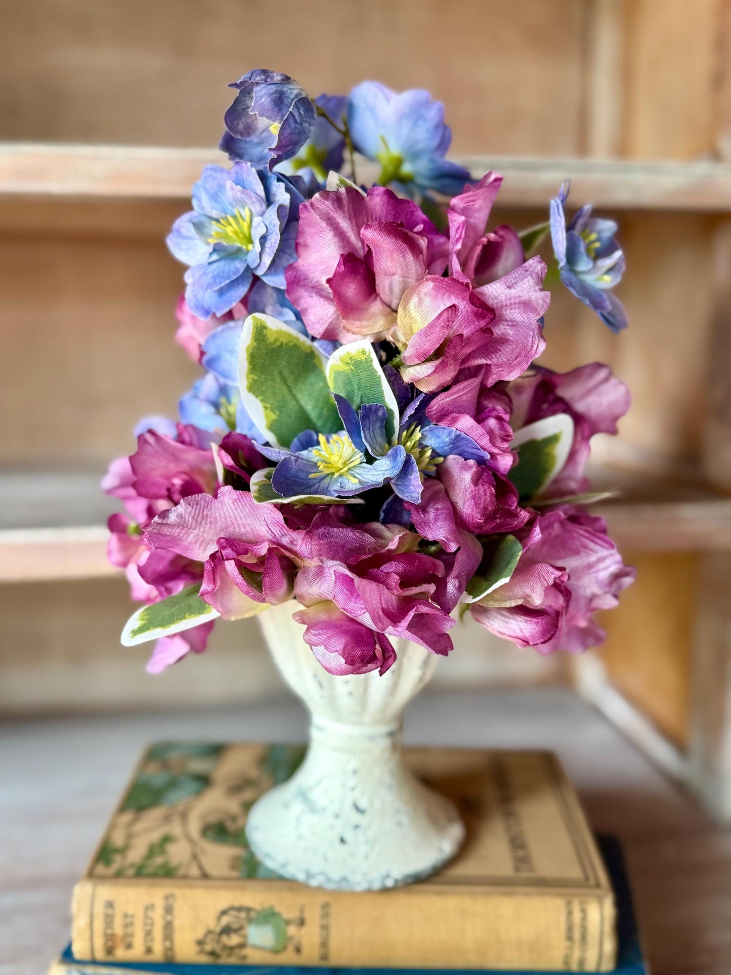 Purple Blue Arrangement, French Country Decor, Summer Arrangement, Nursing Home Decor, Summer Blue Decor, Garden Party Table, SweetPea
