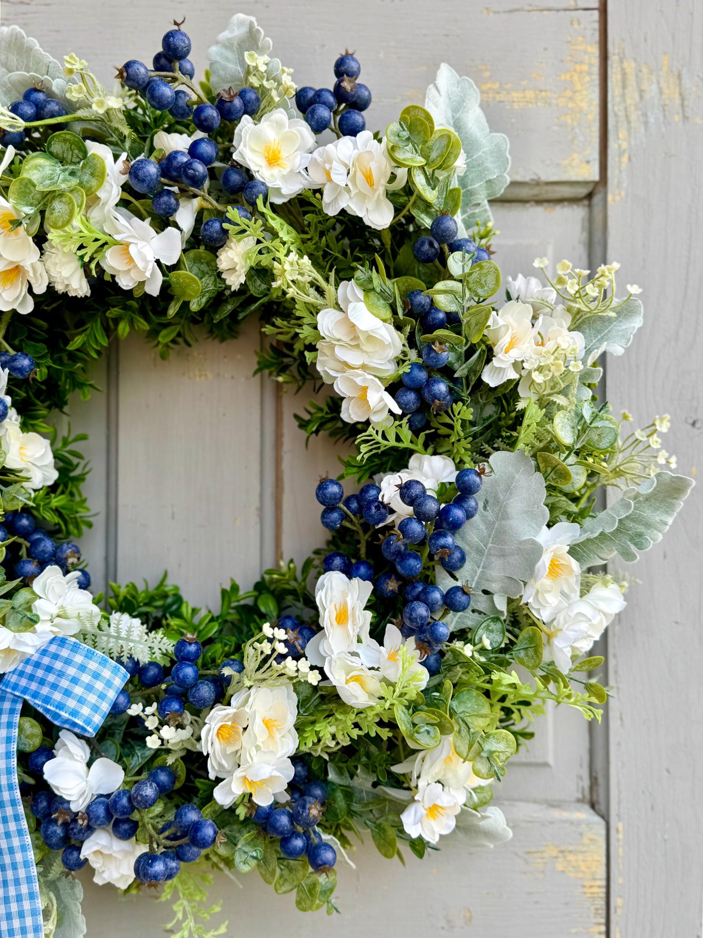 Summer Wreath for a Front Door, Blueberry Wreath, Porch Wreath, Farmhouse Decorations, Wildflower Wedding Decor, Blue and White Decor
