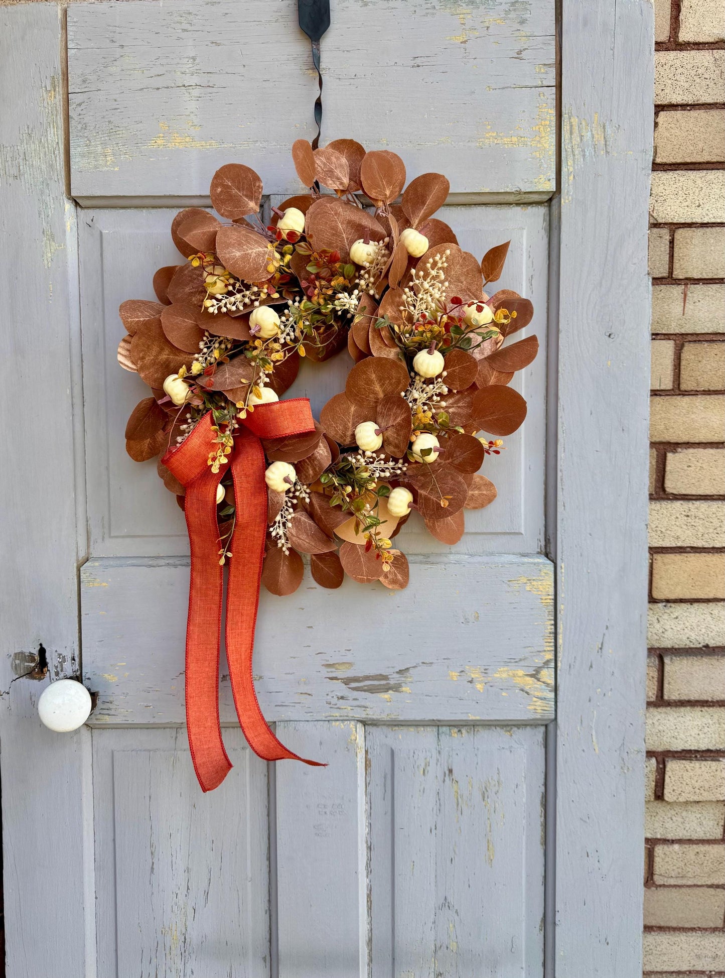 NEW 2025! Fall Boho Beige Wreath, Fall White Pumpkin Wreath, Tan Boho Decor, Brown Pumpkin Wreath, Beige Eucalyptus Wreath