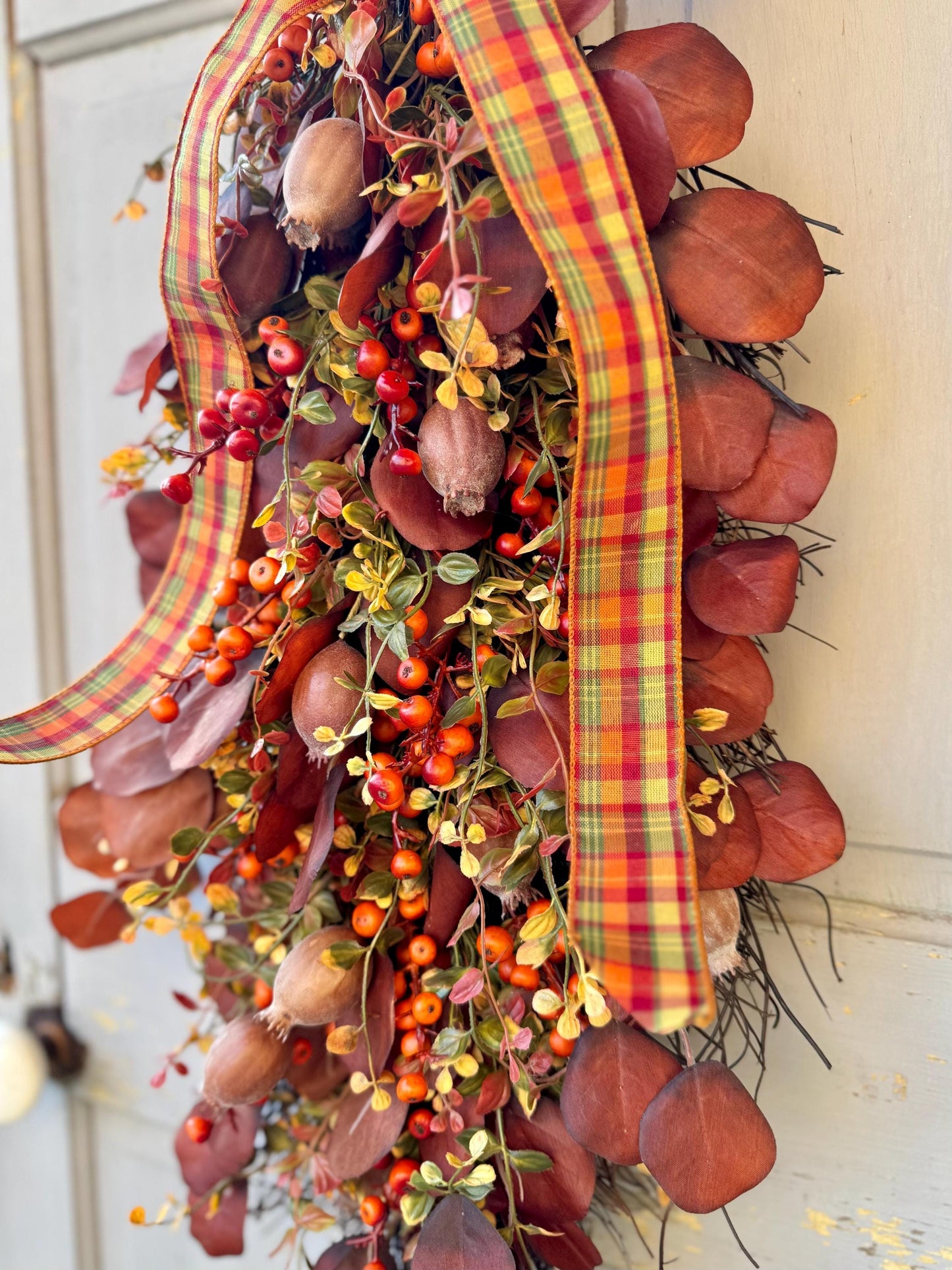 Fall Door Swag, Fall Eucalyptus Swag, Fall Pumpkin Berry Swag, Thanksgiving Harvest Decorations, Rustic Fall Teardrop Swag Wreath
