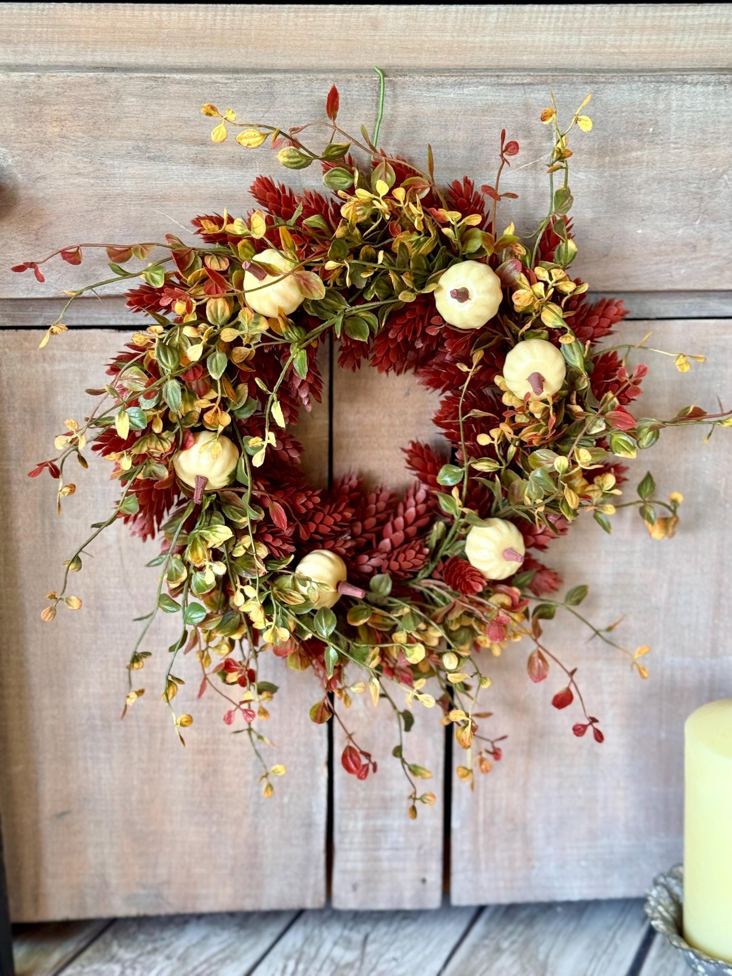 Fall Hops Candle Wreath, Mini Pumpkin Wreath, Farmhouse Accent, Harvest Decor, Candle Ring, Thanksgiving Table