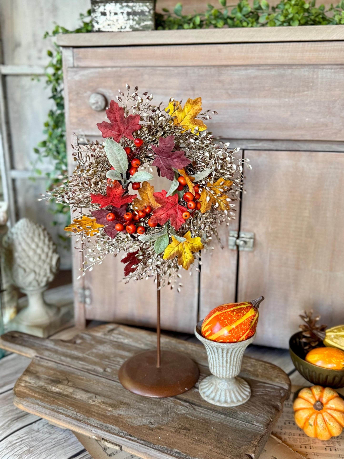 Fall Candle Wreath, Pumpkin Candle Wreath Decor, Autumn Pumpkin Wreath, Thanksgiving Table, Fall Greenery Wreath