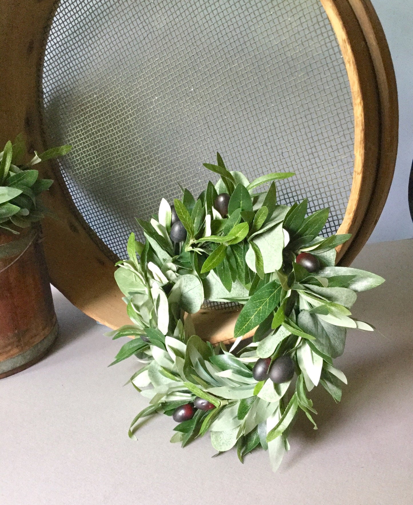 Olive Leaf Wreath, Olive Wedding Wreath, Farmhouse Olive Decor, Olive Candle Wreath, Olive Candle Ring, Olive Decor