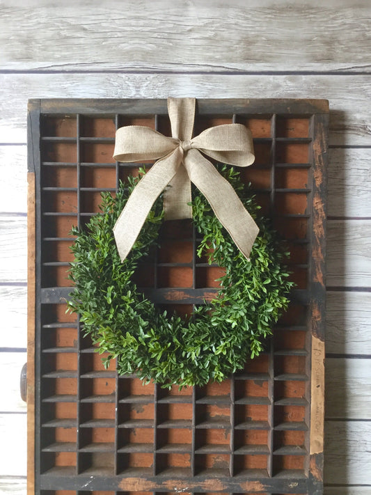 Artificial Boxwood Wreath, Boxwood Wreath with Bow, Window Wreath, Kitchen Cabinet Wreath, Winter Decor, Year Round Wreath, Greenery Wreath
