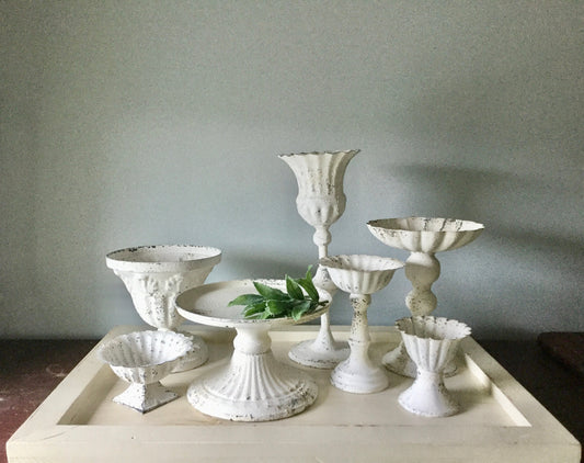 White Pedestal Candle Holder, White Metal Vase, Pillar Holders, Farmhouse Home Decor, Urn, Plant Stand