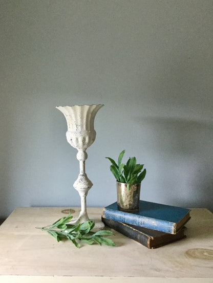 White Pedestal Candle Holder, White Metal Vase, Pillar Holders, Farmhouse Home Decor, Urn, Plant Stand