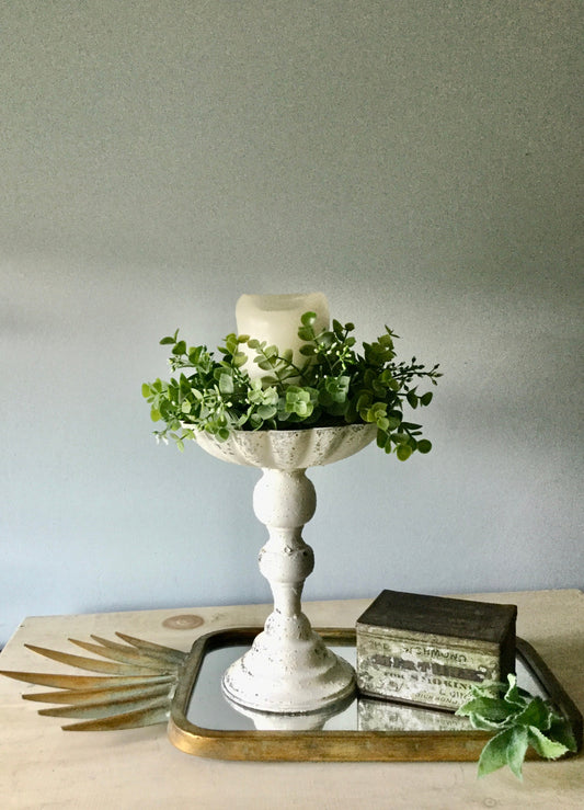 Metal Pedestal Candle Holder | Tall Metal Trinket Dish | Rustic Metal Compote | Farmhouse Compote Decor | French Decor
