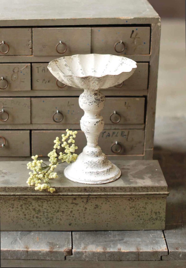 Metal Pedestal Candle Holder | Tall Metal Trinket Dish | Rustic Metal Compote | Farmhouse Compote Decor | French Decor