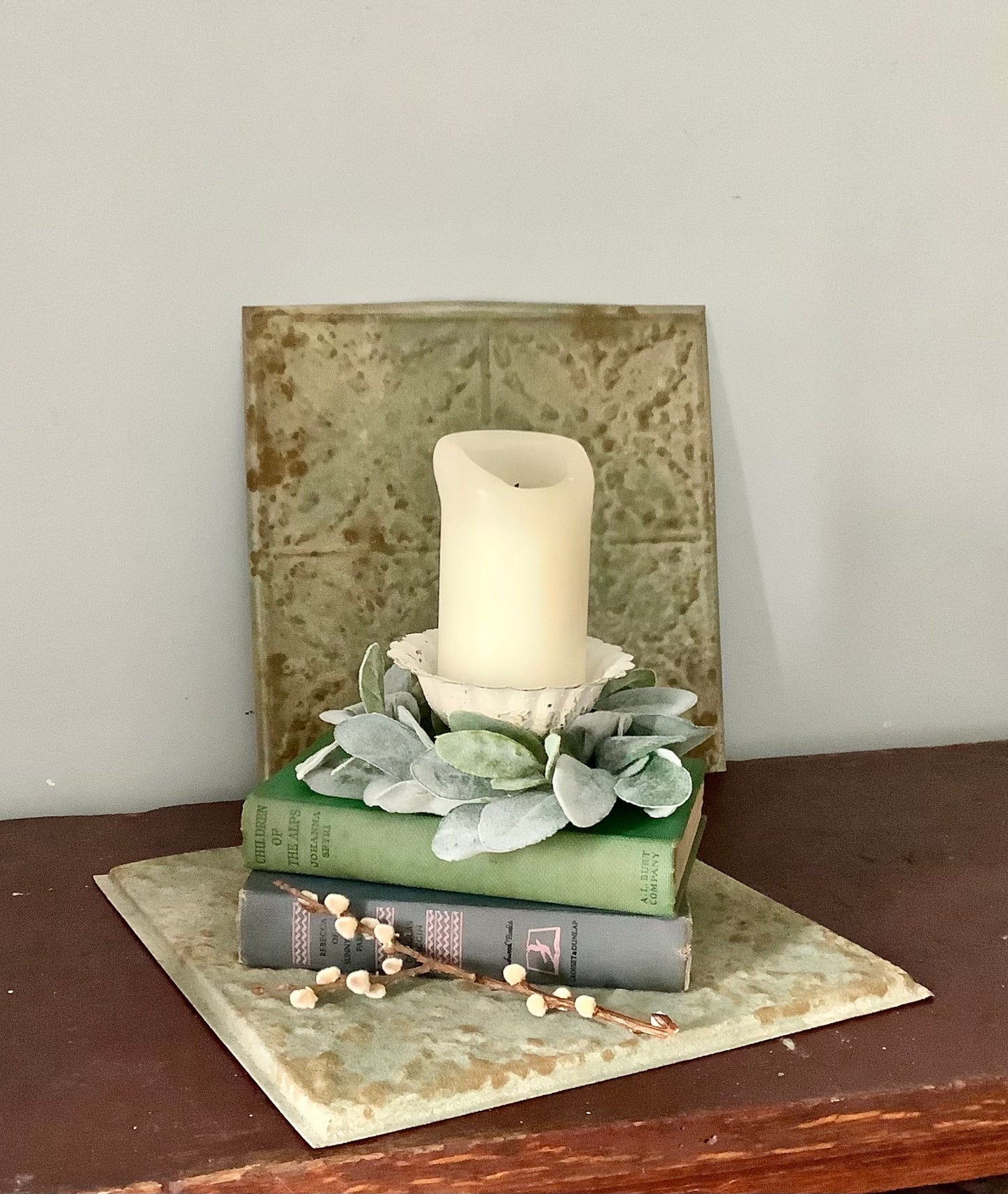 Lambs Ear Candle Wreath, Kitchen Cabinet Wreath, Wedding Wreath, Greenery Wreath, Mini Window Wreath, Farmhouse Decor