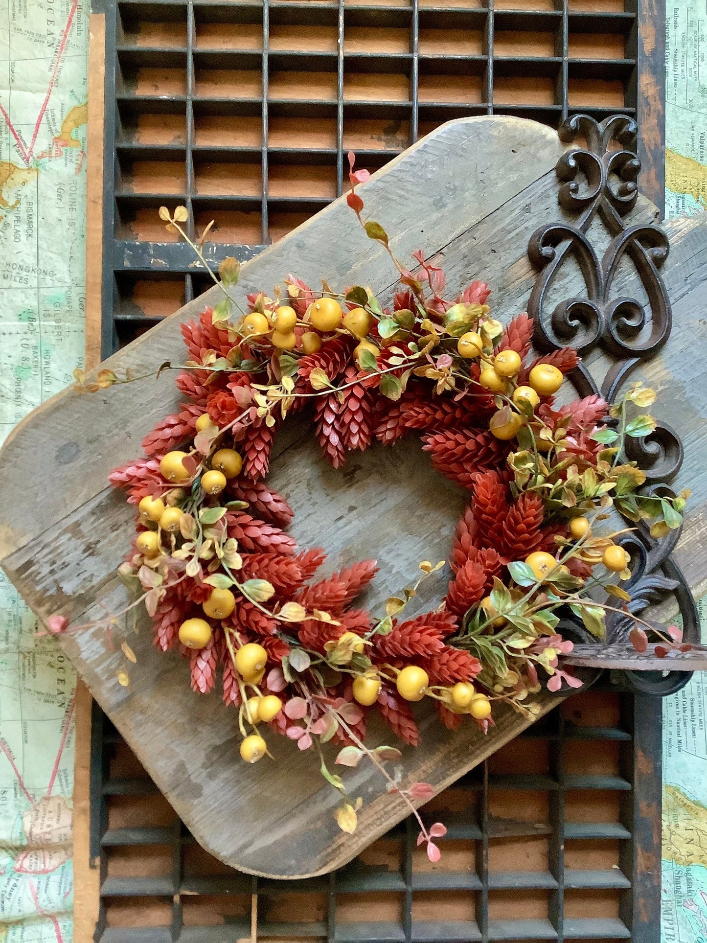 Fall Hops Candle Wreath, Faux Wheat Wreath, Farmhouse Accent, Harvest Decor, Candle Ring, Thanksgiving Table