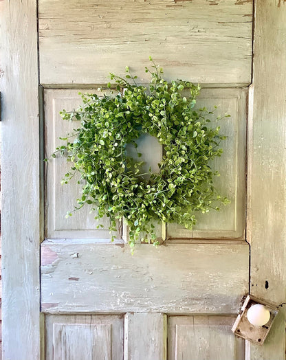 16” Green Leaf Candle Wreath, Bog Pimpernel Wreath, Spring Wreath, Artificial Peppergrass Wreath, Laurel Wreath, Greenery Wreath