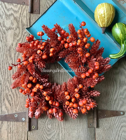 Red Fall Candle Wreath, Fall Berry Wreath, Autumn Candle Ring, Faux Wheat Decor, Harvest Decor, Thanksgiving Table Accent, Kitchen Cabinets