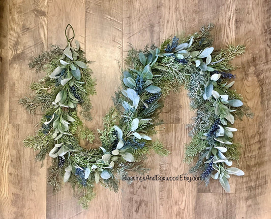 Blue Juniper Garland, Lambs Ear Garland, Blue Winter Garland, Christmas Cedar Garland, Fireplace Mantle Decor, Farmhouse Decorations
