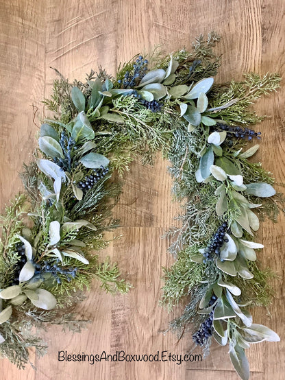 Blue Juniper Garland, Lambs Ear Garland, Blue Winter Garland, Christmas Cedar Garland, Fireplace Mantle Decor, Farmhouse Decorations