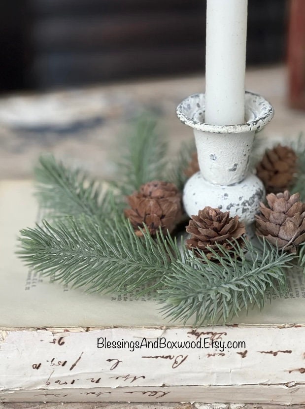 Set of XS Pine Taper Candle Wreaths, Pine Christmas Candle Wreath, Vintage Style Christmas, Juniper Pine Wreath