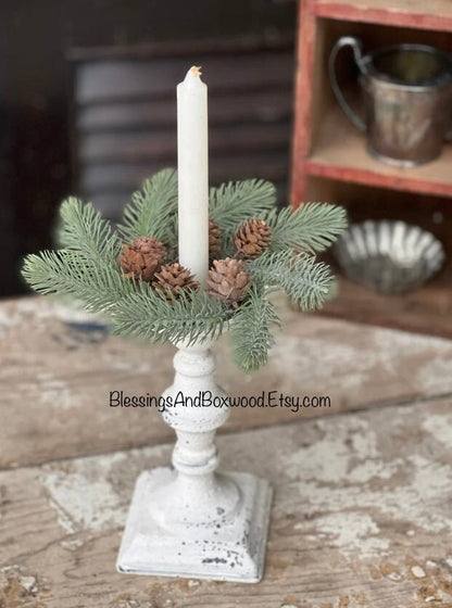 Set of XS Pine Taper Candle Wreaths, Pine Christmas Candle Wreath, Vintage Style Christmas, Juniper Pine Wreath