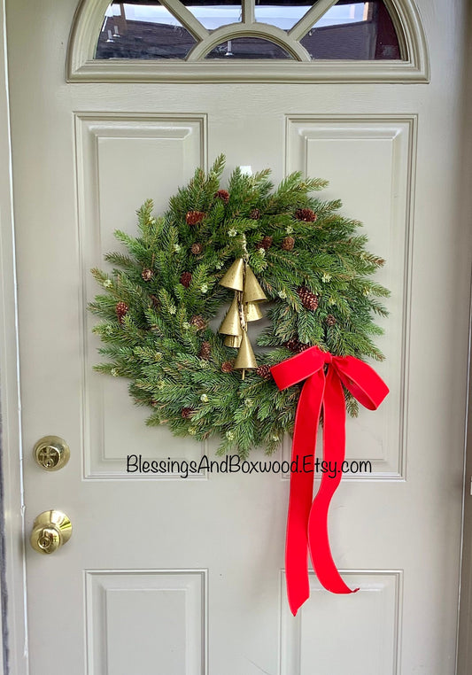 Christmas Pine Door Wreath, White Spruce Pine Wreath, Christmas Window Wreath, Christmas Wreath with Bells, Christmas Decorations