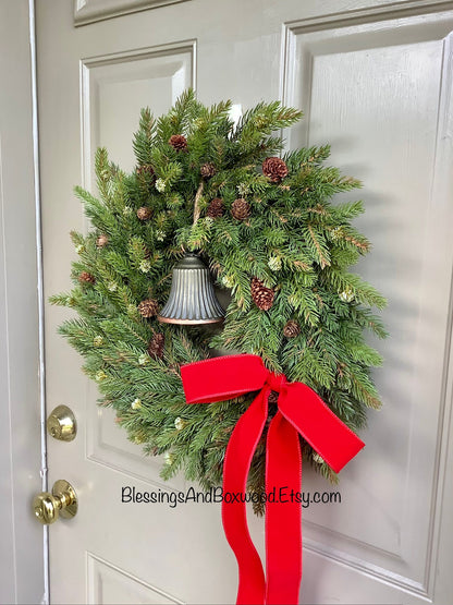 Christmas Pine Door Wreath, White Spruce Pine Wreath, Christmas Window Wreath, Christmas Wreath with Bells, Christmas Decorations