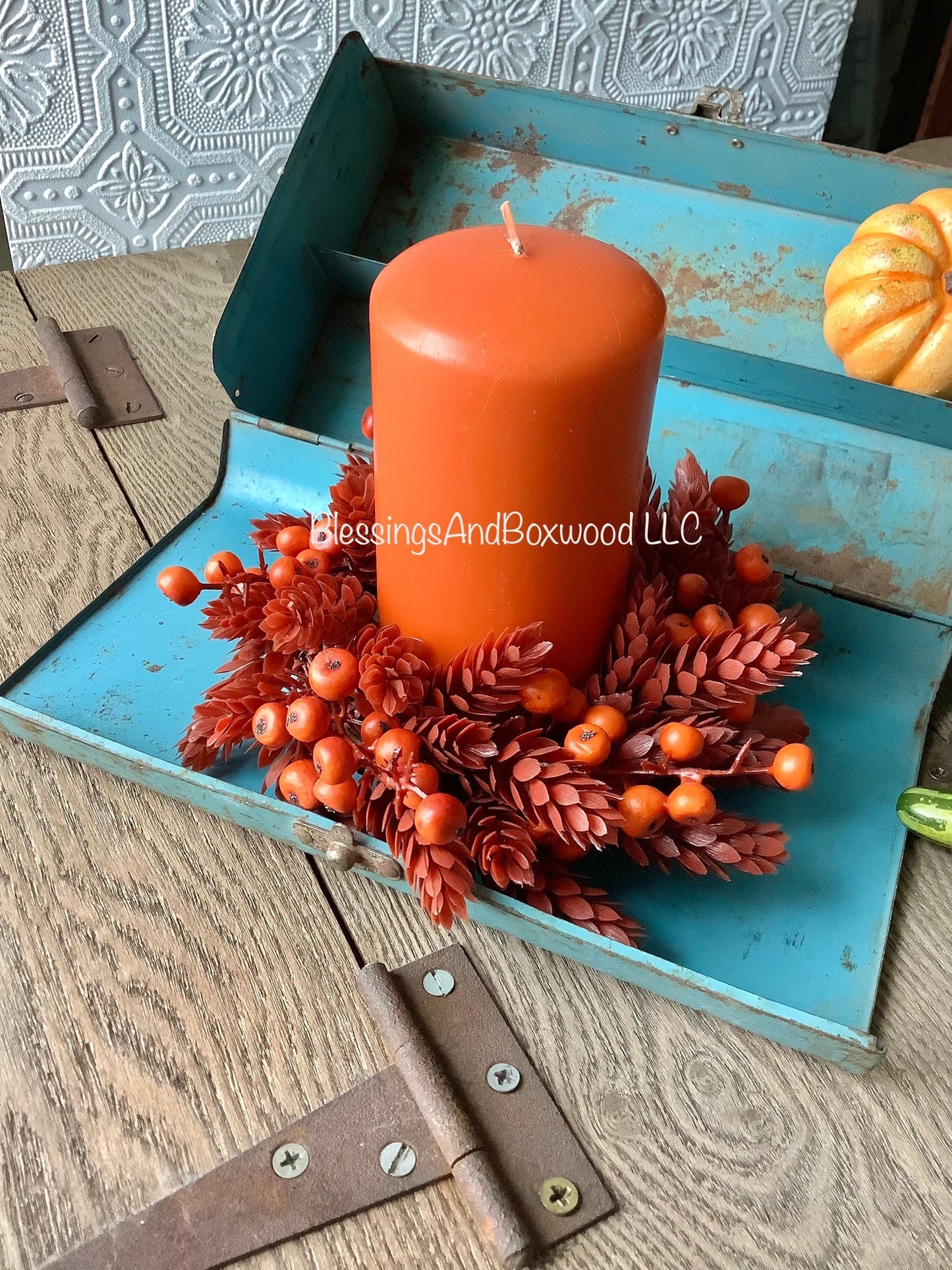 Red Fall Candle Wreath, Fall Berry Wreath, Autumn Candle Ring, Faux Wheat Decor, Harvest Decor, Thanksgiving Table Accent, Kitchen Cabinets