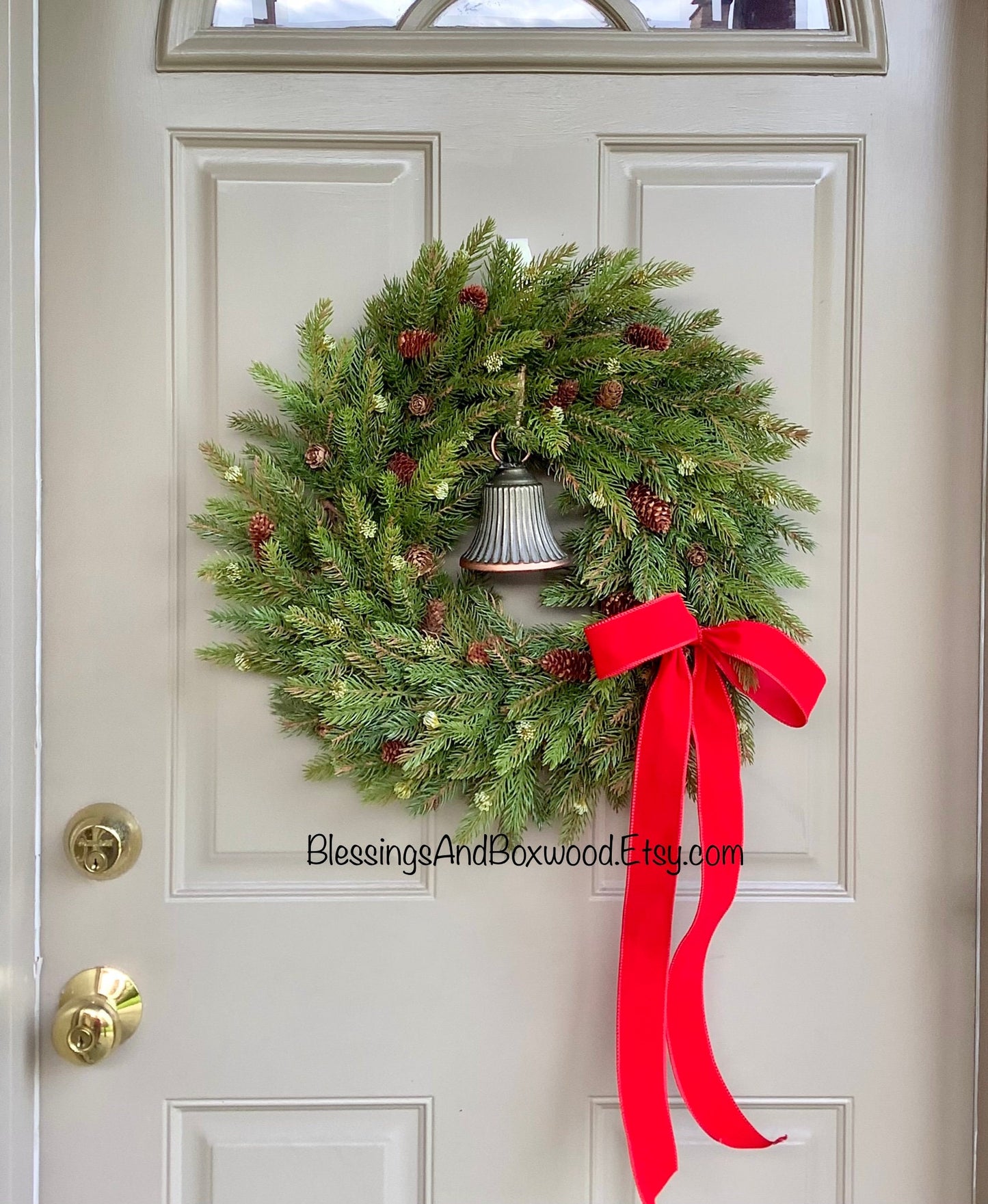Christmas Pine Door Wreath, White Spruce Pine Wreath, Christmas Window Wreath, Christmas Wreath with Bells, Christmas Decorations