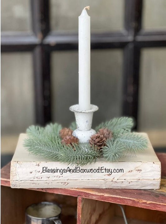 Set of XS Pine Taper Candle Wreaths, Pine Christmas Candle Wreath, Vintage Style Christmas, Juniper Pine Wreath