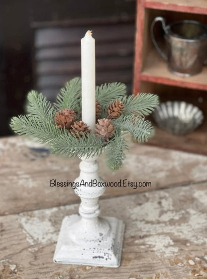 Set of XS Pine Taper Candle Wreaths, Pine Christmas Candle Wreath, Vintage Style Christmas, Juniper Pine Wreath