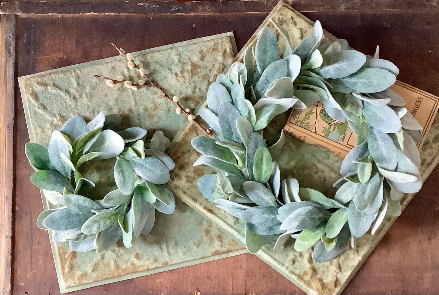 Set of 2 Lambs Ear Candle Wreath, Kitchen Cabinet Wreath, Wedding Decor, Greenery Wreath, Mini Window Wreath, Farmhouse Decor