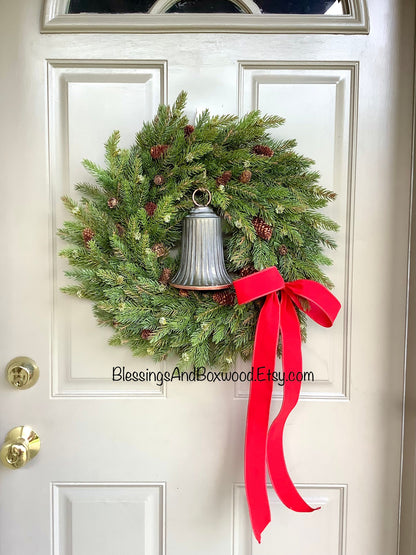 Christmas Pine Door Wreath, White Spruce Pine Wreath, Christmas Window Wreath, Christmas Wreath with Bells, Christmas Decorations