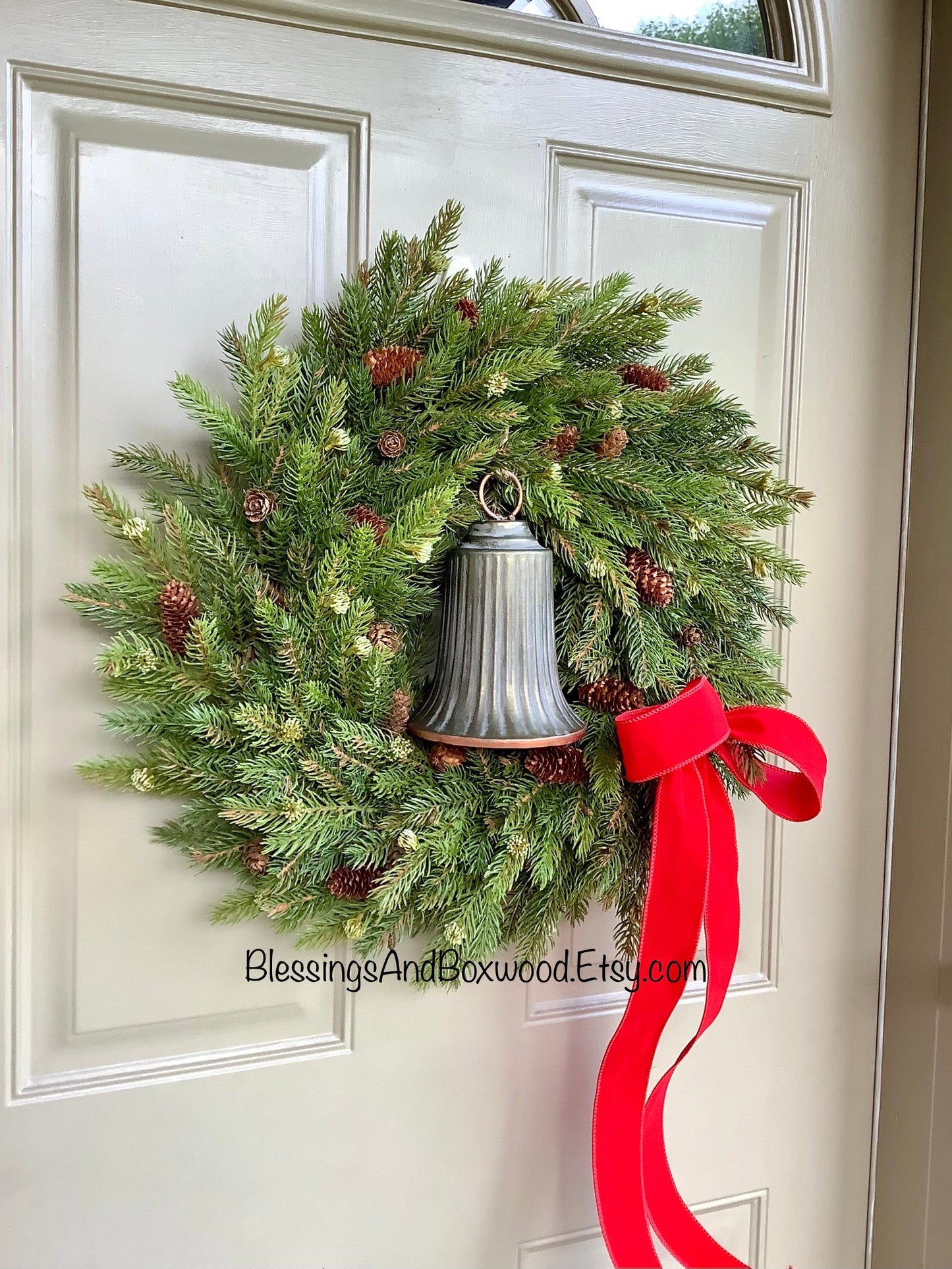 Christmas Pine Door Wreath, White Spruce Pine Wreath, Christmas Window Wreath, Christmas Wreath with Bells, Christmas Decorations