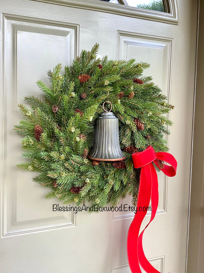 Christmas Pine Door Wreath, White Spruce Pine Wreath, Christmas Window Wreath, Christmas Wreath with Bells, Christmas Decorations