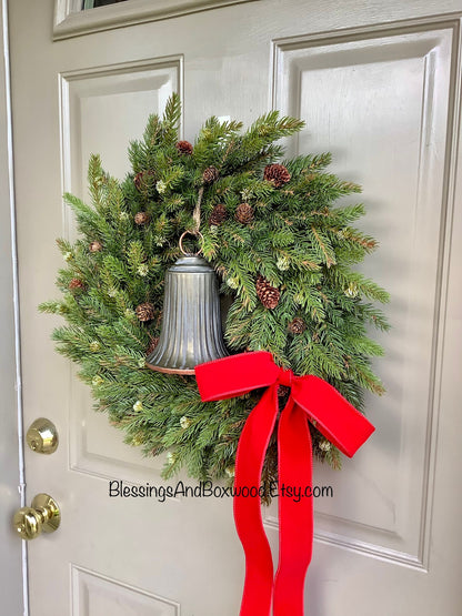 Christmas Pine Door Wreath, White Spruce Pine Wreath, Christmas Window Wreath, Christmas Wreath with Bells, Christmas Decorations
