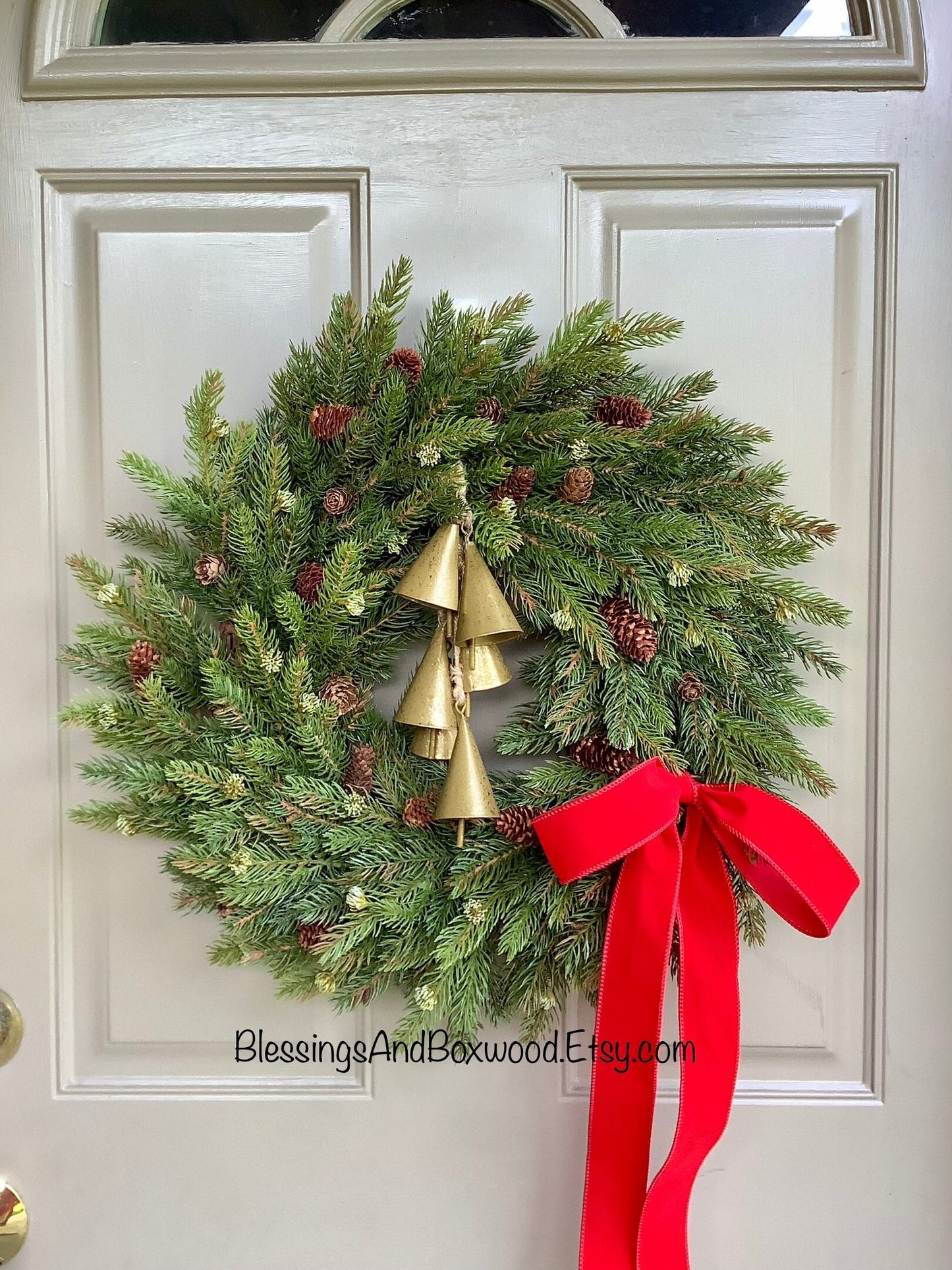 Christmas Pine Door Wreath, White Spruce Pine Wreath, Christmas Window Wreath, Christmas Wreath with Bells, Christmas Decorations