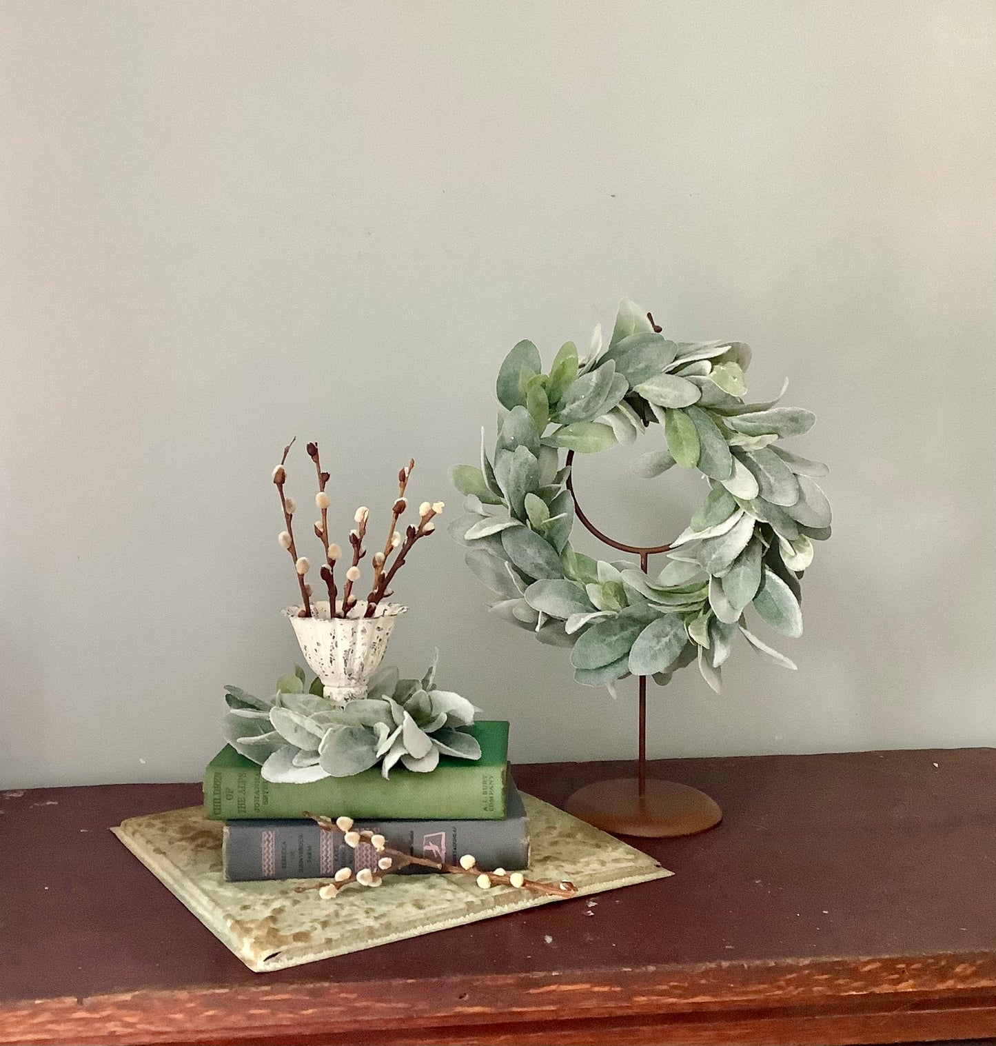 Set of 2 Lambs Ear Candle Wreath, Kitchen Cabinet Wreath, Wedding Decor, Greenery Wreath, Mini Window Wreath, Farmhouse Decor