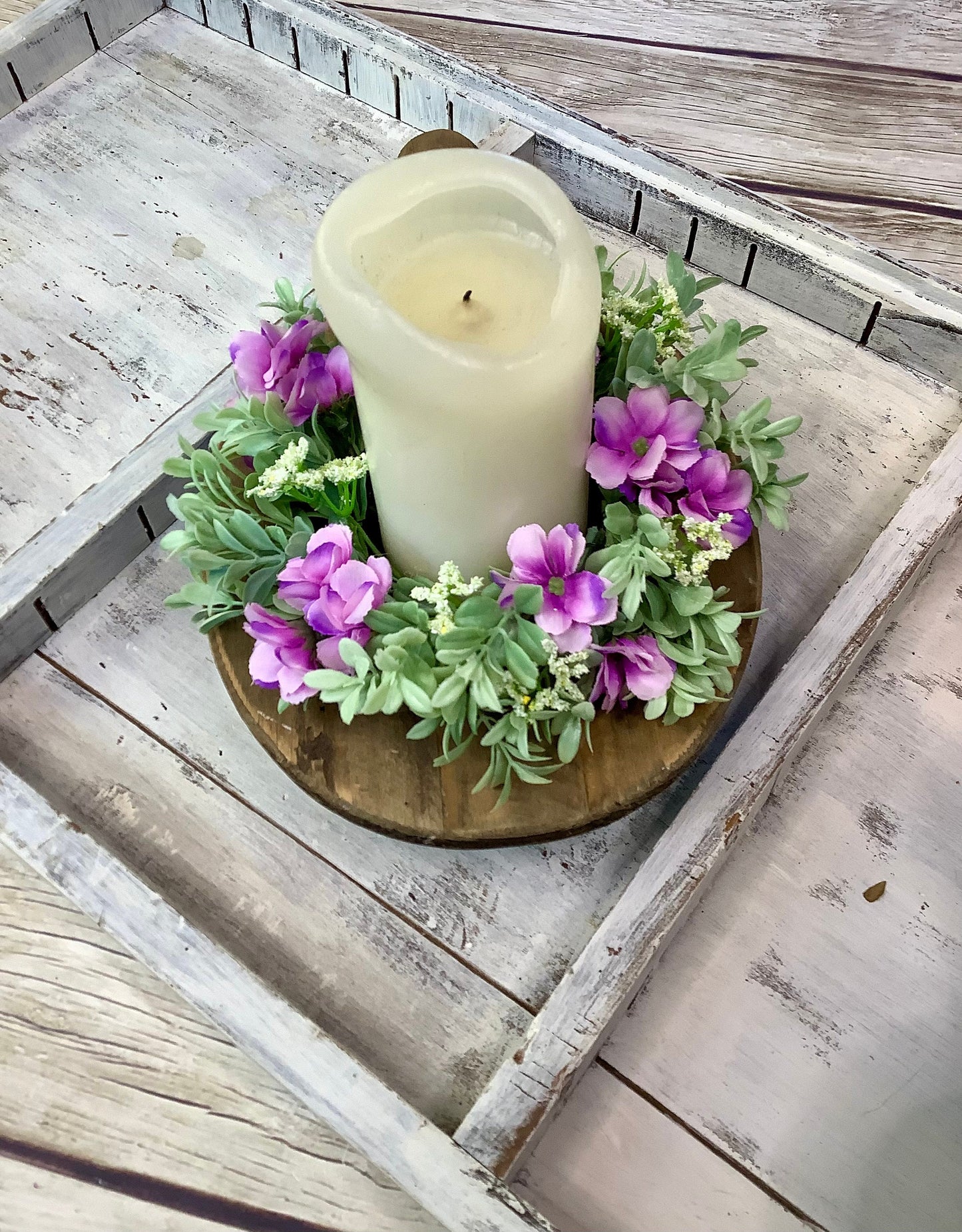 Purple Flower Candle Wreath, Summer Wreath, Wedding Decor, Easter Decor, Mothers Day, Spring Candle Wreath , Kitchen Decorations
