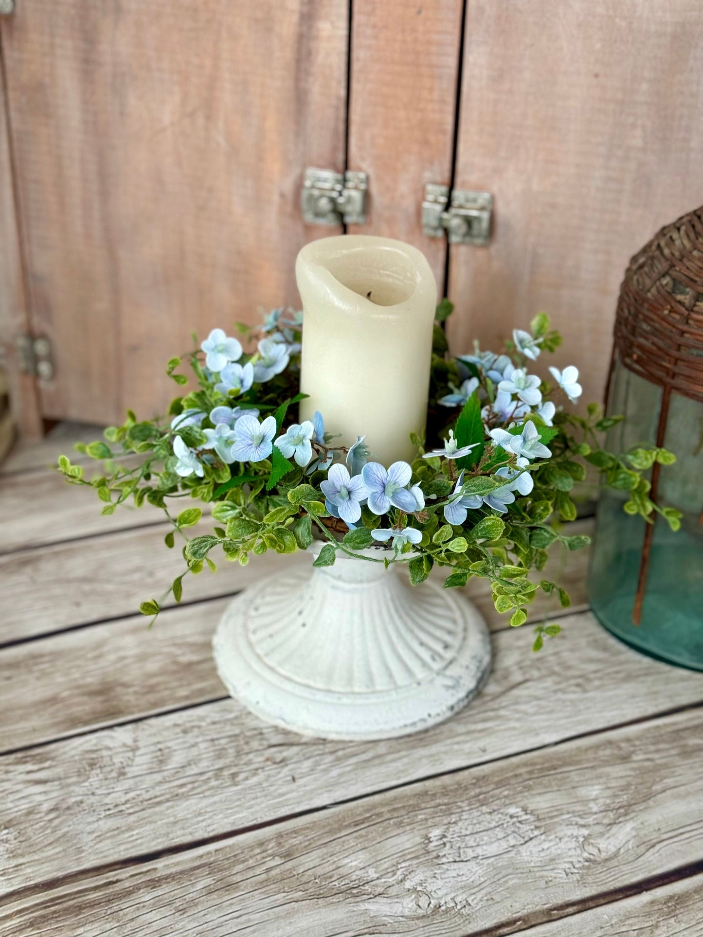 Blue Hydrangea Candle Wreath, Window Wreath, Kitchen Cabinets Wreath, Blue Hydrangea Decor, Spring Wreath Ring, Summer Candle Wreath