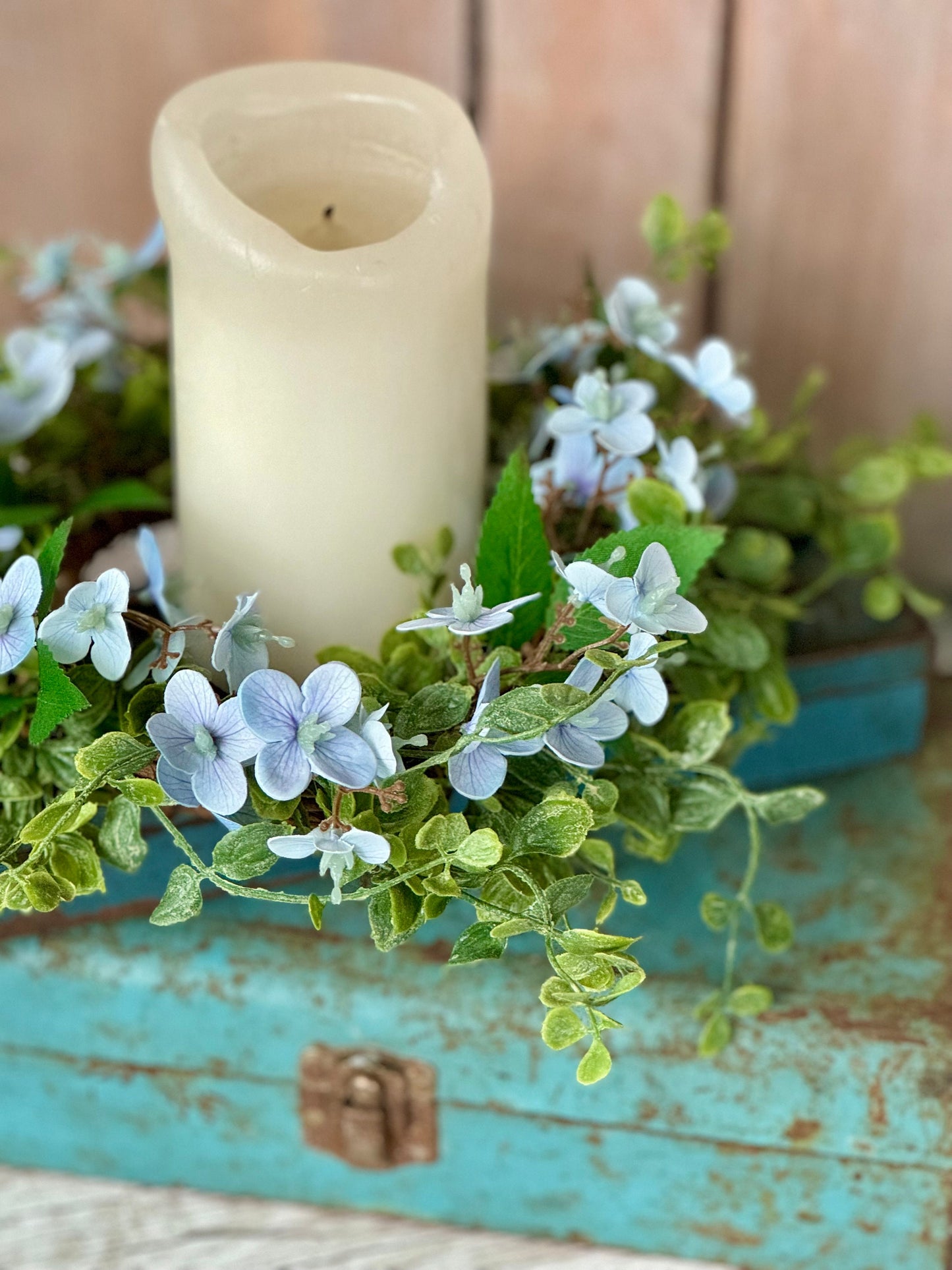 Blue Hydrangea Candle Wreath, Window Wreath, Kitchen Cabinets Wreath, Blue Hydrangea Decor, Spring Wreath Ring, Summer Candle Wreath