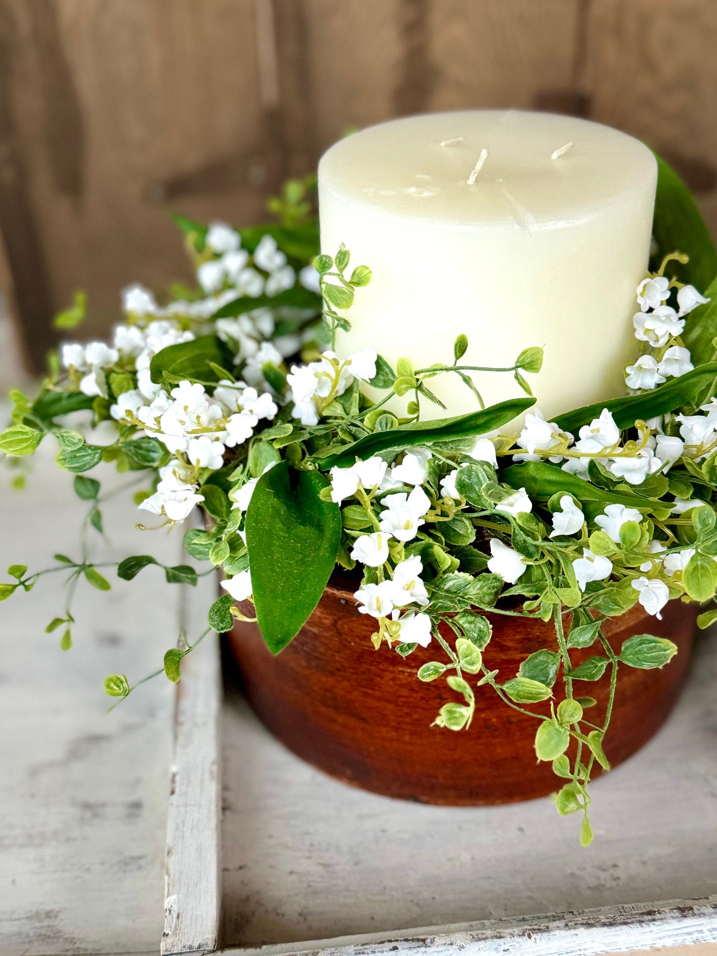 Lily of the Valley Flower Candle Wreath, Vintage Floral Farmhouse Candle Wreath, Kitchen Cabinets, Mothers Favorite Flower, White Wedding