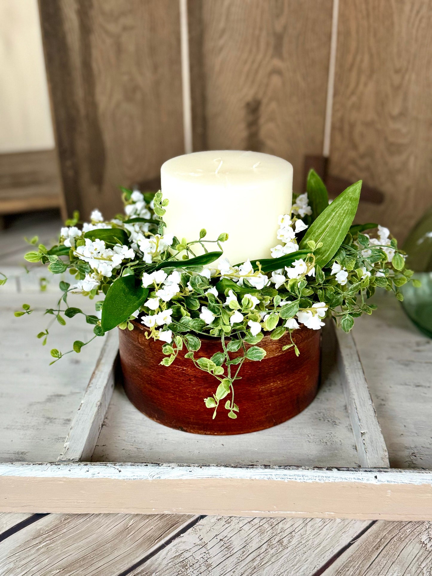 Lily of the Valley Flower Candle Wreath, Vintage Floral Farmhouse Candle Wreath, Kitchen Cabinets, Mothers Favorite Flower, White Wedding