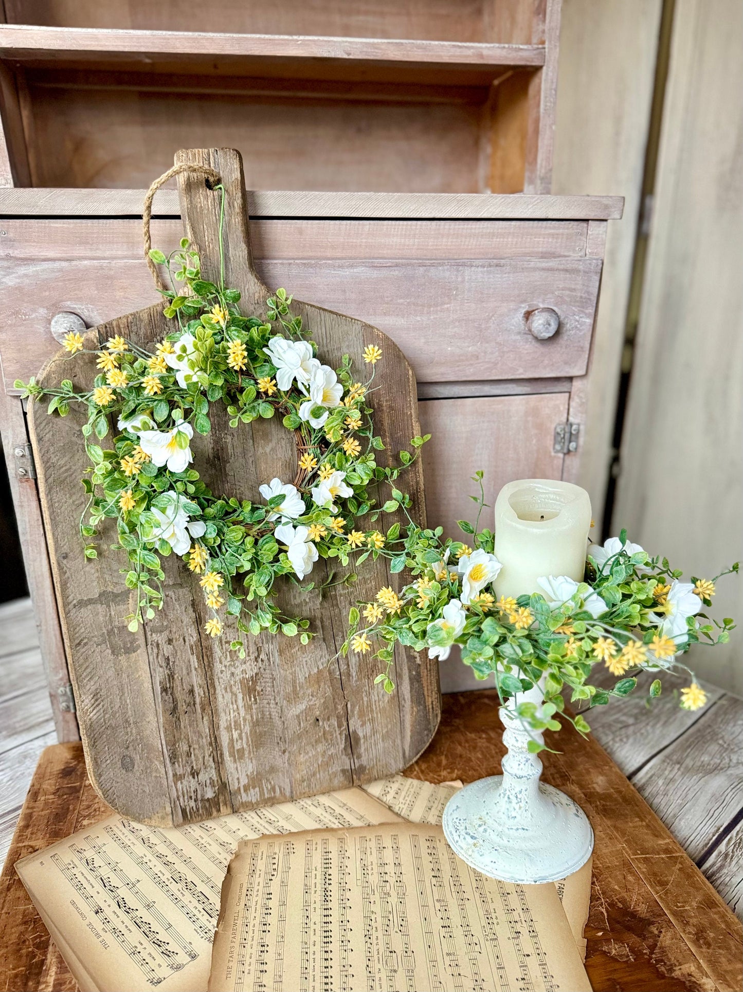 White Flower Candle Wreath, Yellow White Table Wreath, Kitchen Cabinets, Yellow Berry Wreath