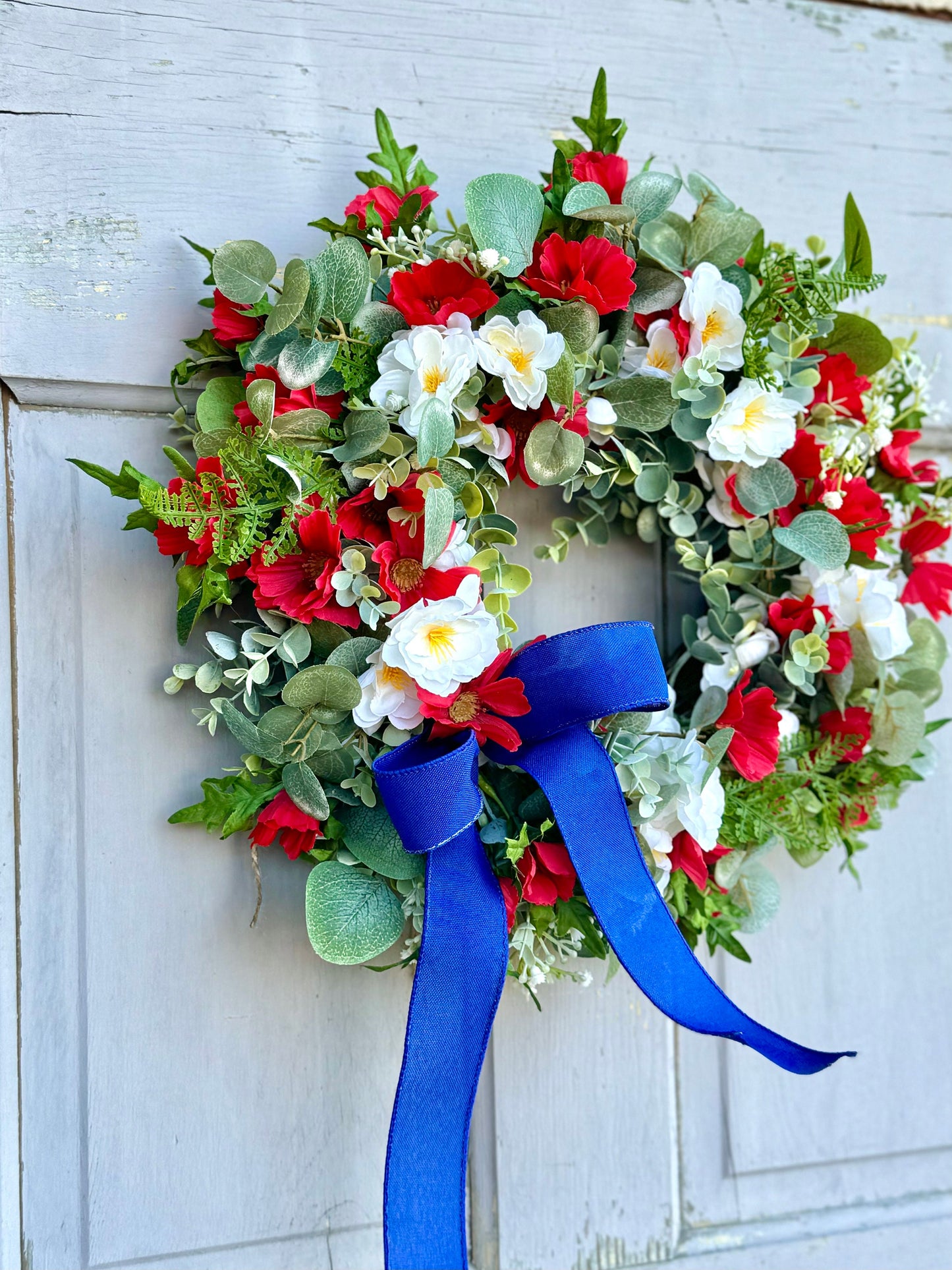 Summer Farmhouse Wreath, Red, White Blue Flower Wreath, Patriotic Wreath for Front Door, Everyday Wreath, Independence Day Decor