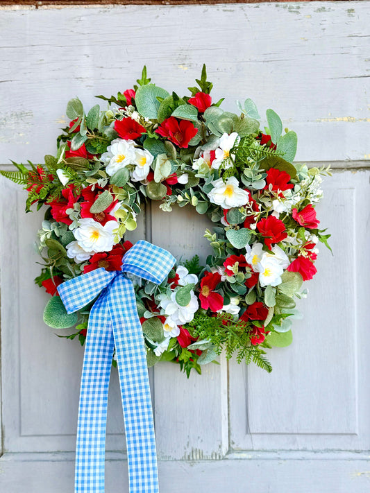 Summer Farmhouse Wreath, Red, White Blue Flower Wreath, Patriotic Wreath for Front Door, Everyday Wreath, Independence Day Decor
