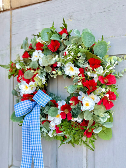 Summer Farmhouse Wreath, Red, White Blue Flower Wreath, Patriotic Wreath for Front Door, Everyday Wreath, Independence Day Decor