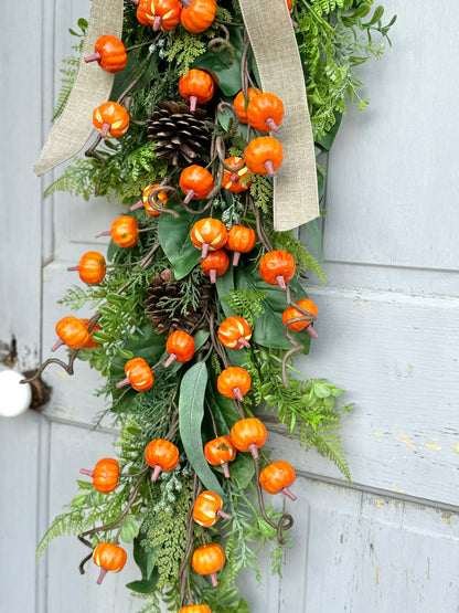 Fall Wreath Swag, Pumpkin Door Wreath, Fall Pumpkin Swag, Thanksgiving Harvest Decorations, Farmhouse Decor