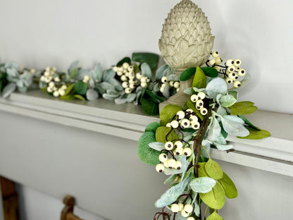 White Berry Garland, White Berry Lambs Ear Eucalyptus Garland, Garland for Mantle, Fireplace Decor, White Wedding Garland