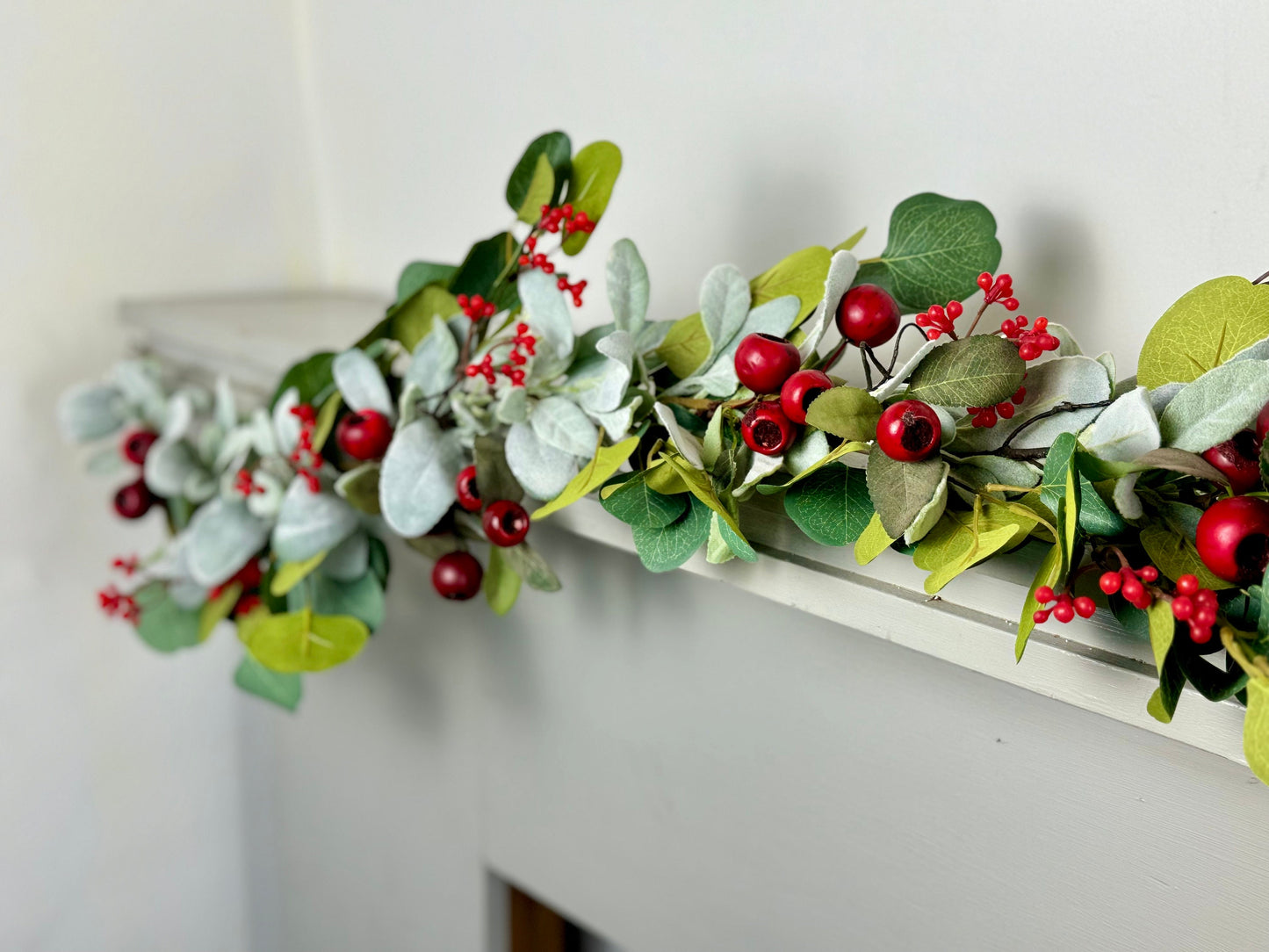 Christmas Lambs Ear Garland, Red Christmas Berry Garland, Table Garland, Kitchen Cabinets Decor, Banister Garland, Fireplace Mantle Garland
