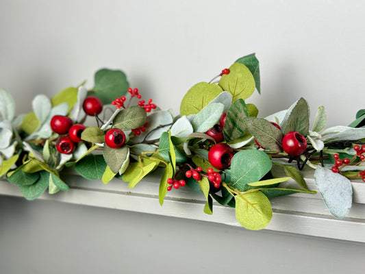 Christmas Lambs Ear Garland, Red Christmas Berry Garland, Table Garland, Kitchen Cabinets Decor, Banister Garland, Fireplace Mantle Garland