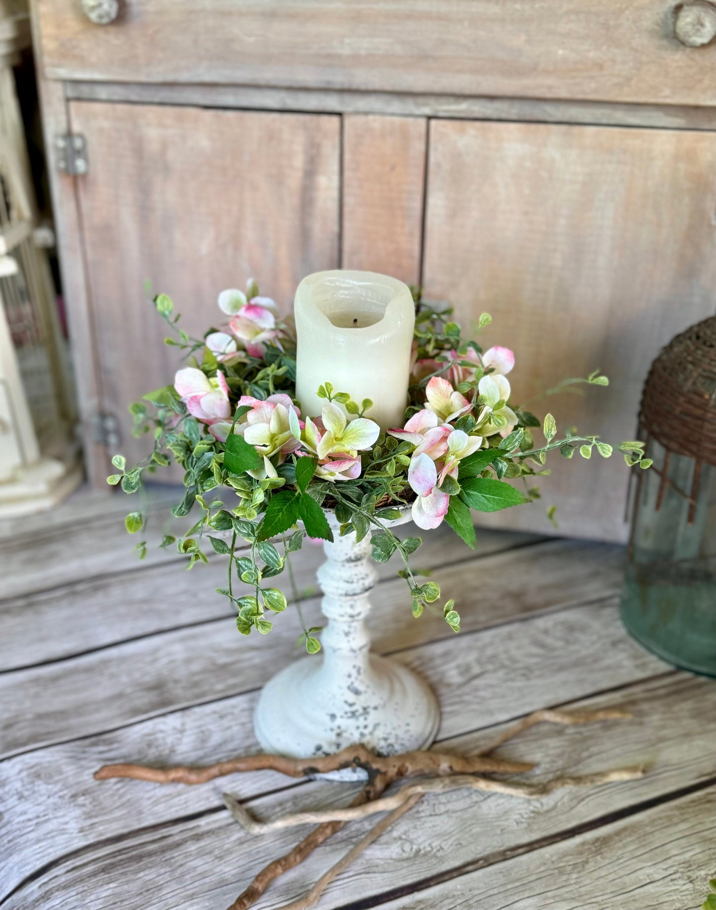 Pink Hydrangea Candle Wreath, Window Wreath, Kitchen Cabinets Wreath, Pink Hydrangea Decor, Spring Wreath Ring, Summer Candle Wreath