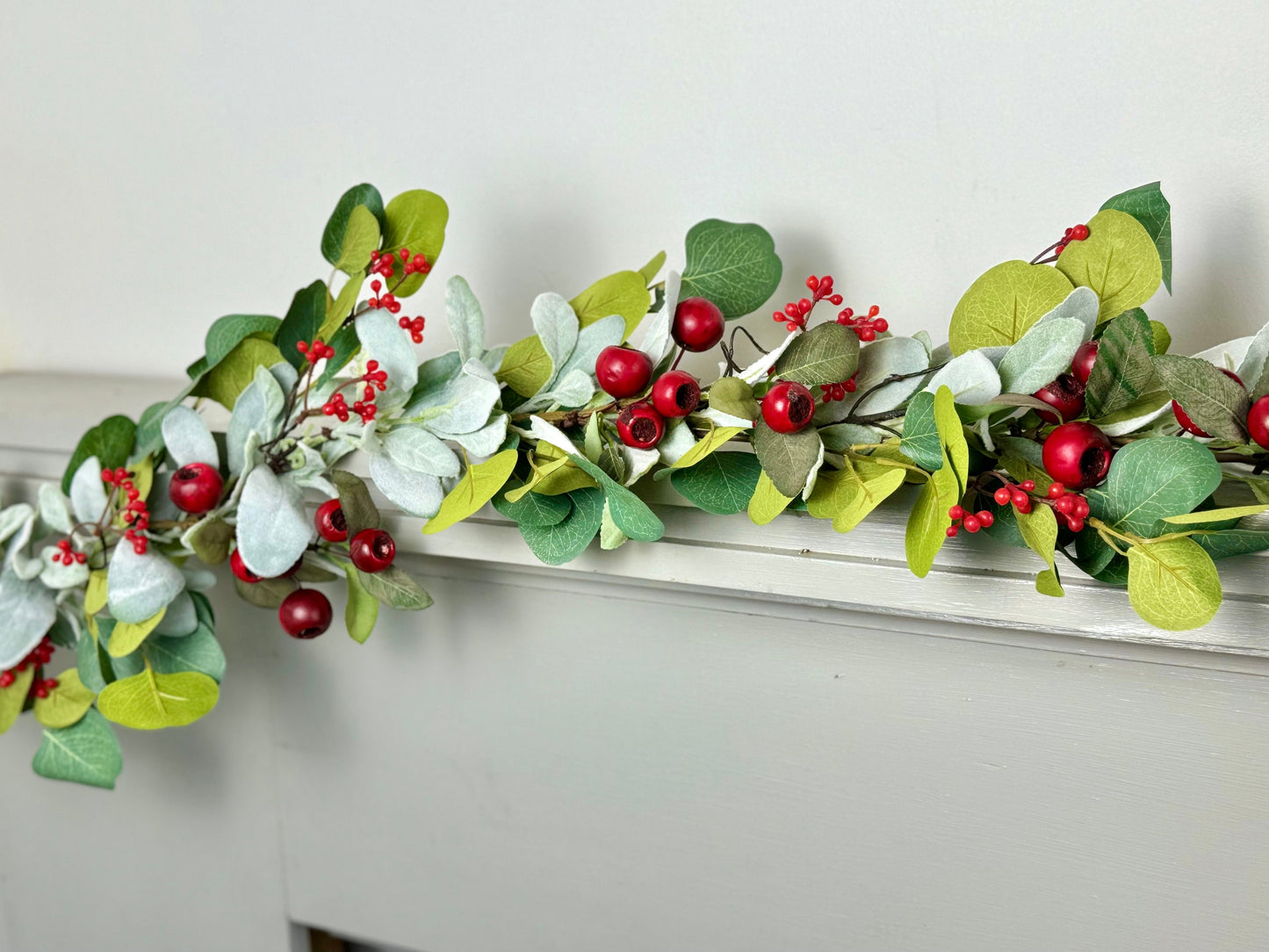 Christmas Lambs Ear Garland, Red Christmas Berry Garland, Table Garland, Kitchen Cabinets Decor, Banister Garland, Fireplace Mantle Garland